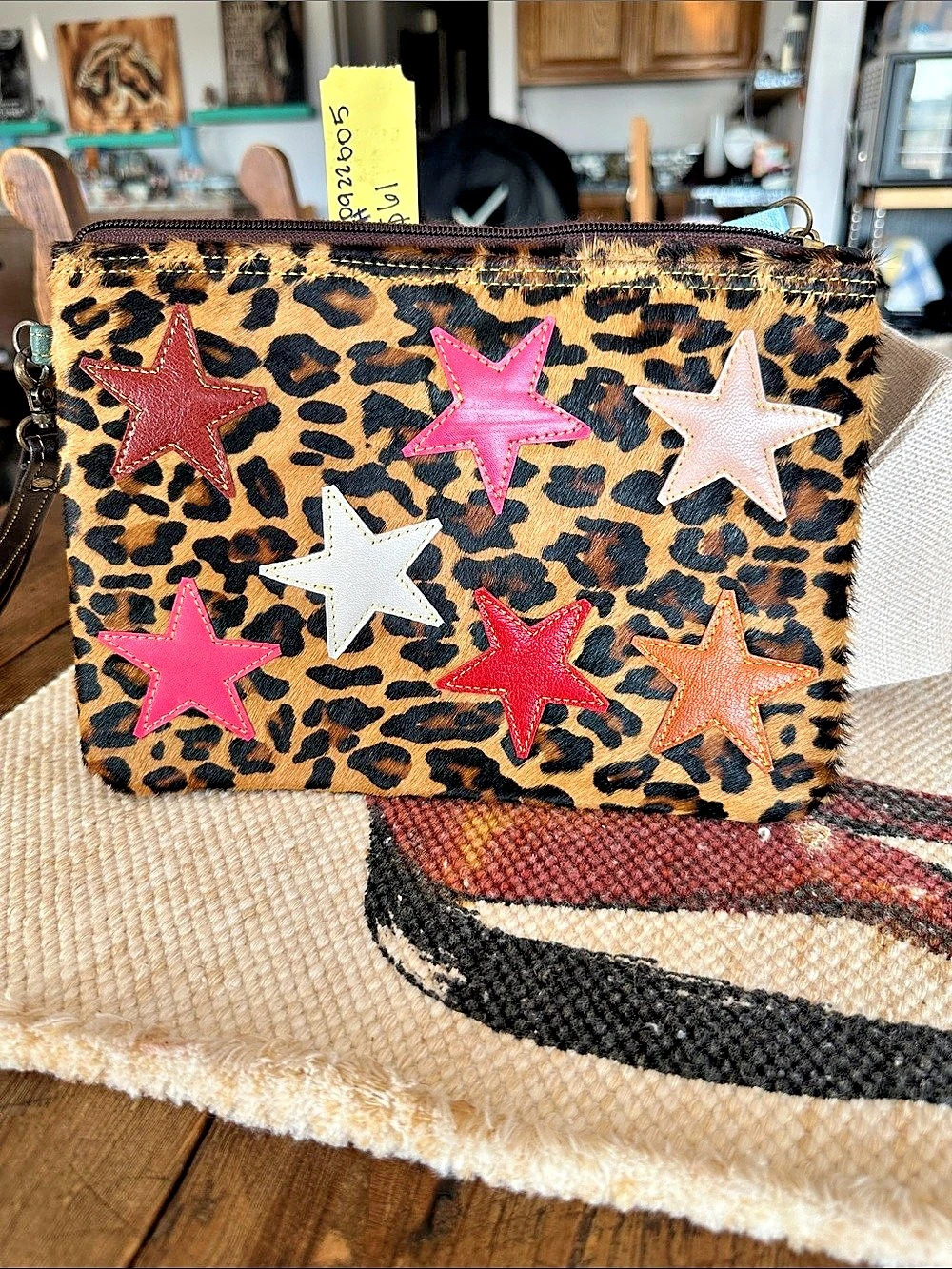 Leopard Star Wristlet/Clutch Bag in Black & Brown Cowhide and Leather